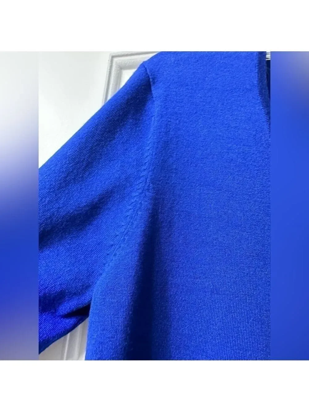 Blue Scooped V neck 3/4 Sleeve Sweater Beaded appliqué type design front left